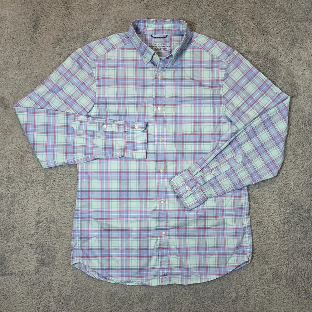 Vineyard Vines Performance Shirt Mens S Blue Plaid OTG brrr Cooling Button Down